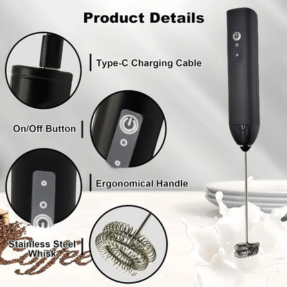 MINI Milk Frother USB Rechargeable 3 Speeds Foam Maker Coffee Whisk Mixer Electric Handle Blender Egg Beater
